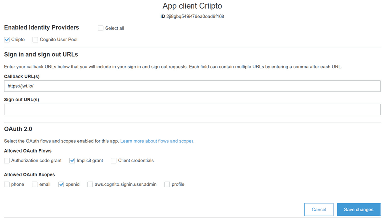 AWS Cognito App client settings